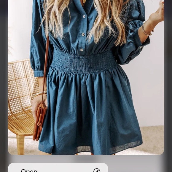 Smocked Half Button Three-Quarter Sleeve Mini Dress - Picture 2 of 13